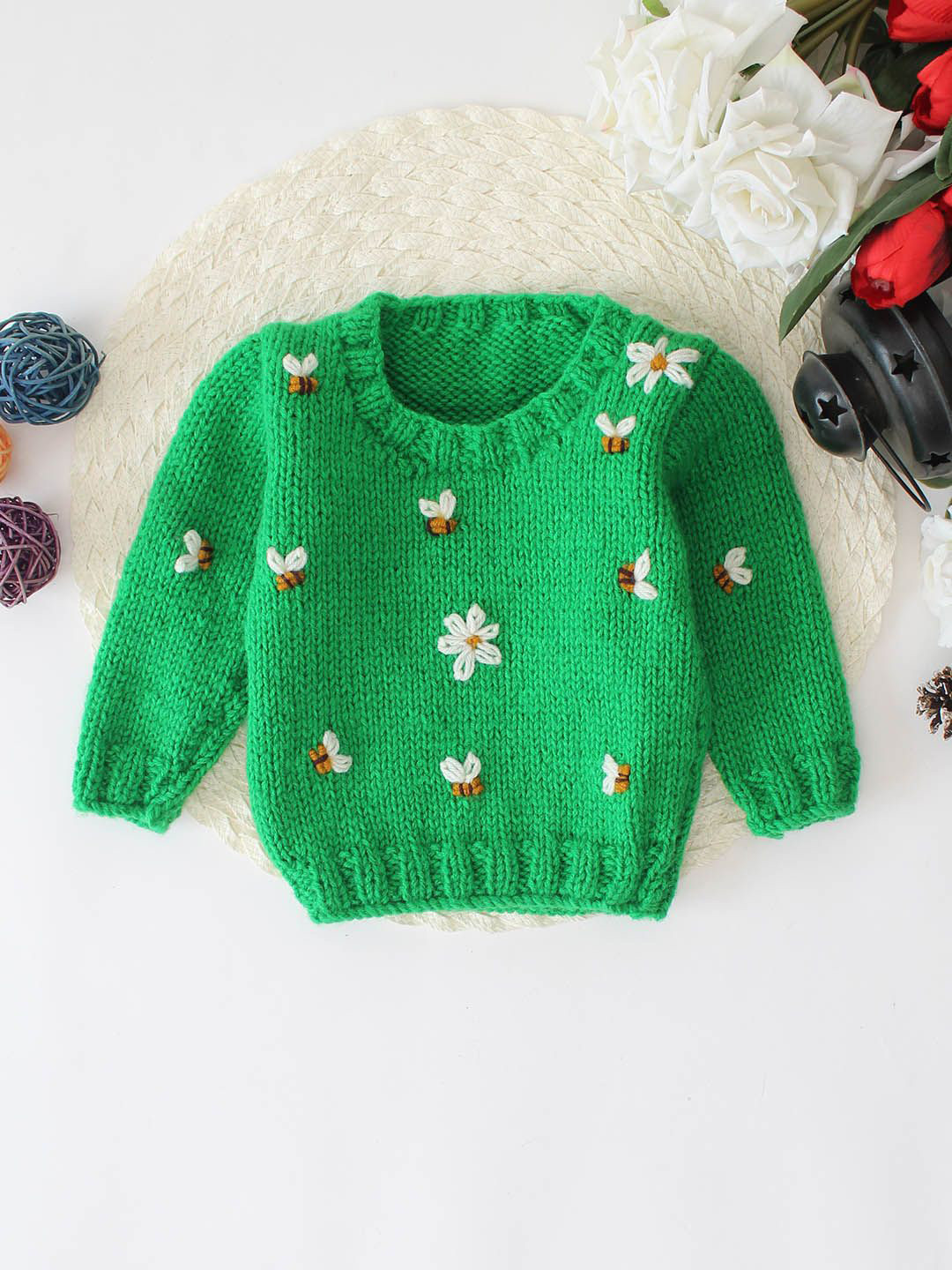 Woonie Kids Handknitted Bee and Flower Embroidered Sweater