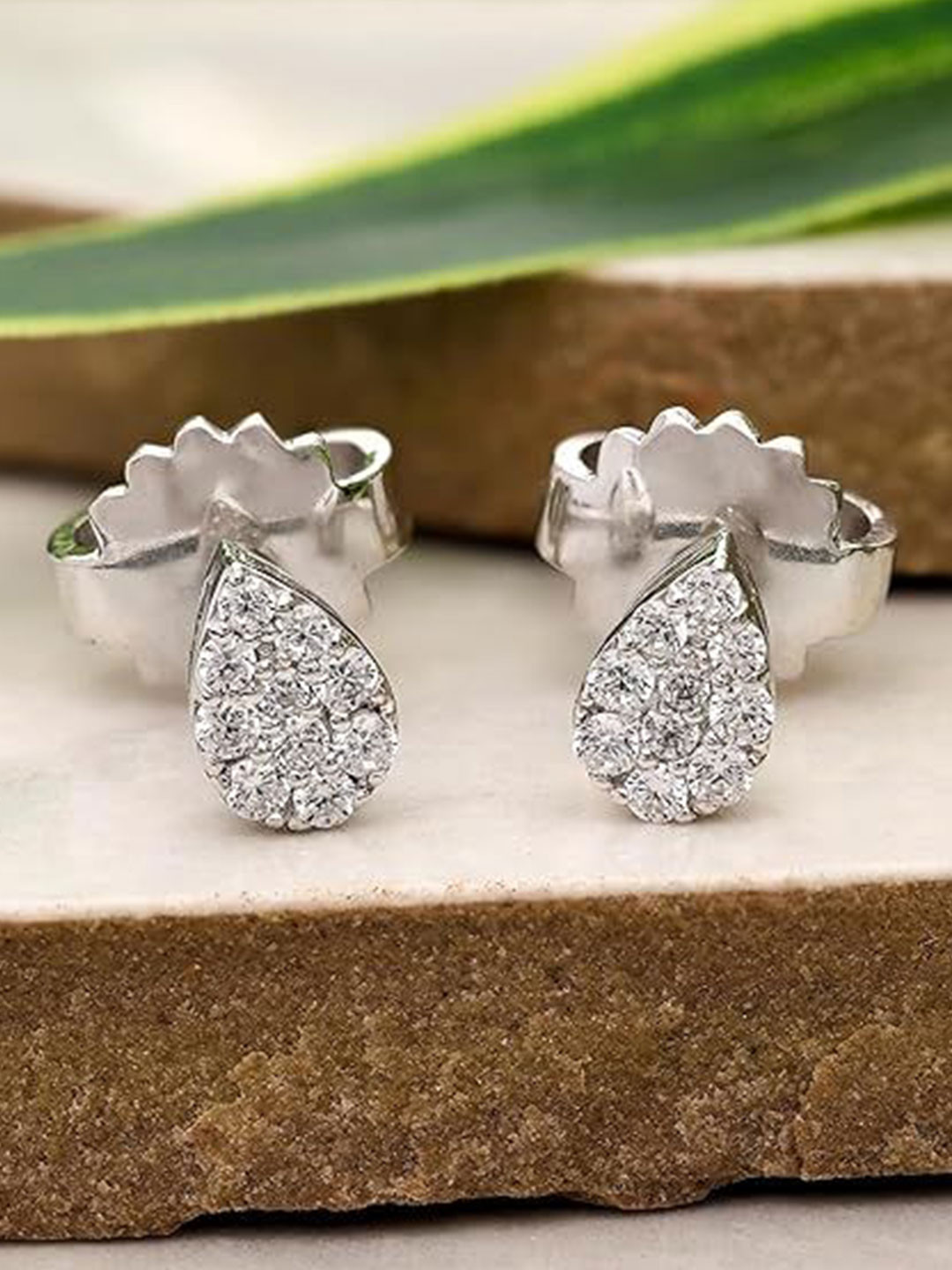 AMONROO 925 Silver Rhodium-Plated Cubic Zirconia Pave Teardrop Shaped Studs