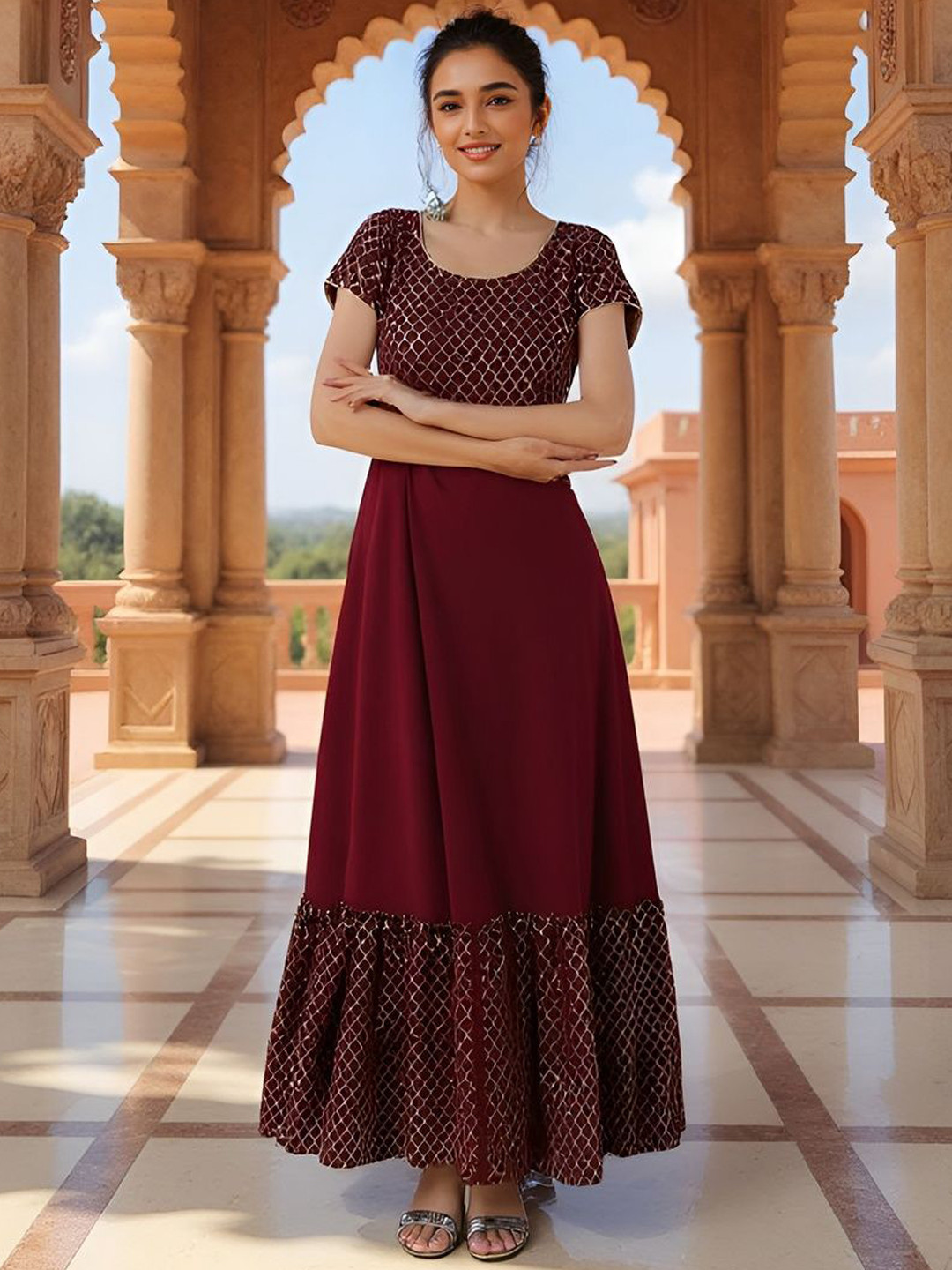 SZN Gold Foil Printed Flared Maxi Dress