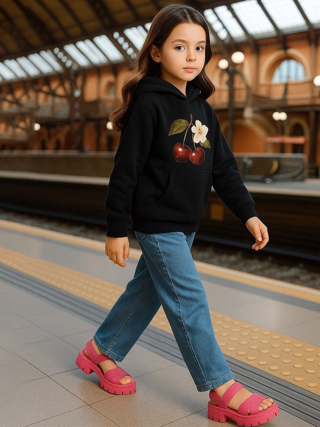 Baawri Girls Cherry Blossom Printed Hooded Cotton Pullover Sweatshirt