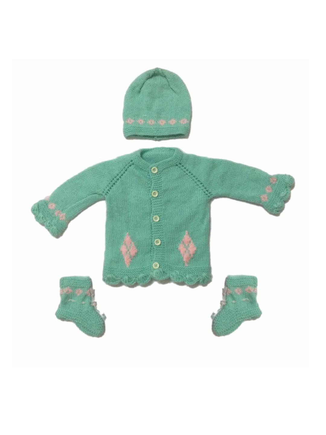 Cute Collection Kids Woollen Cardigan with Embroidered Detail With Cap & Pair of Socks