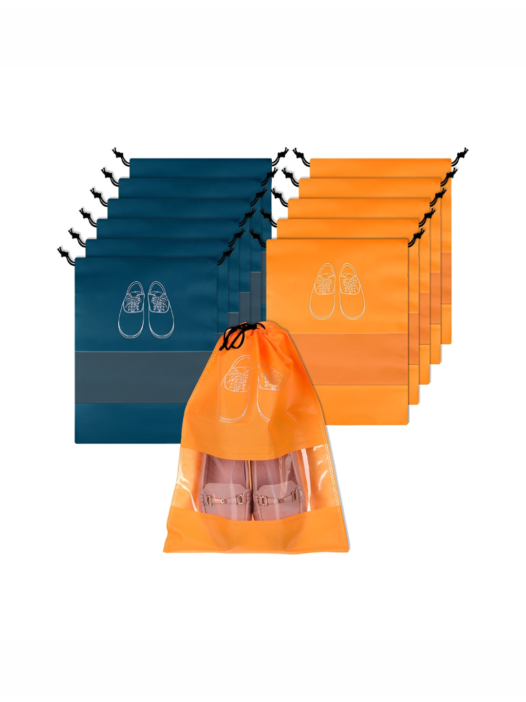 Aura Navy Blue & Orange Colored 12 Pieces Printed Water Resistant Shoe Cover Bags