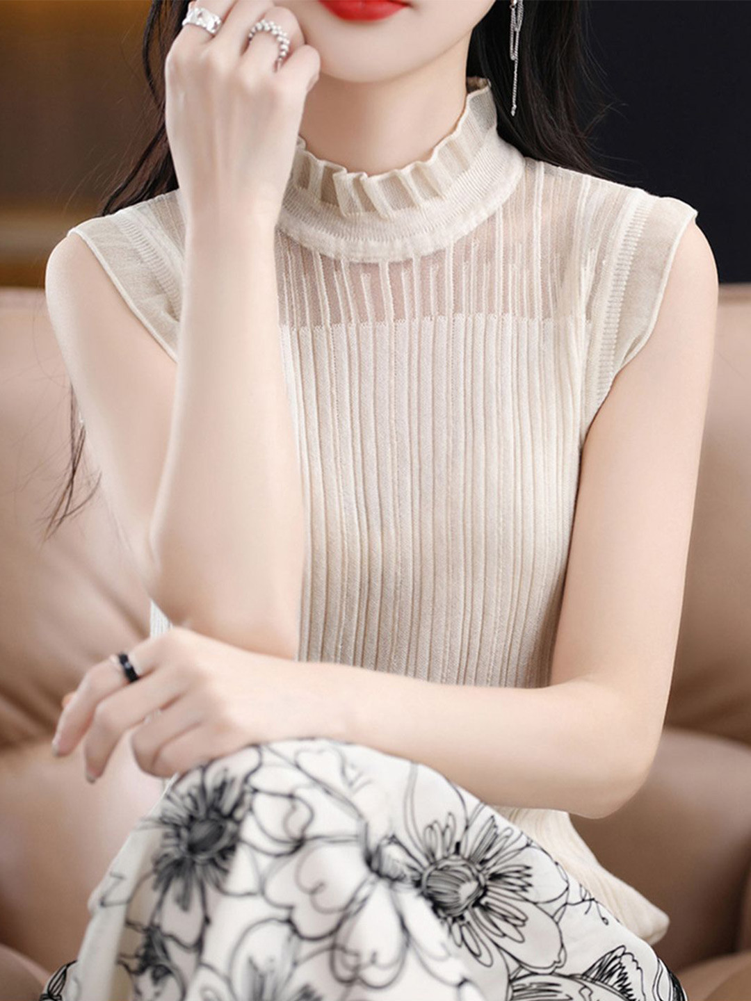 bebe Beige Ribbed Sheer Yoke Ruffled Mock Neck Sleeveless Knit Top