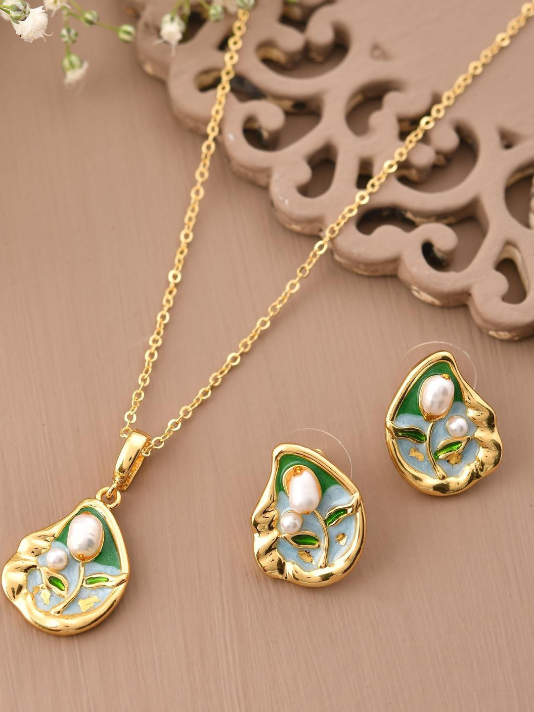 Richlook Stainless Steel Gold-Plated Peral Beaded Studded Jewellery Set