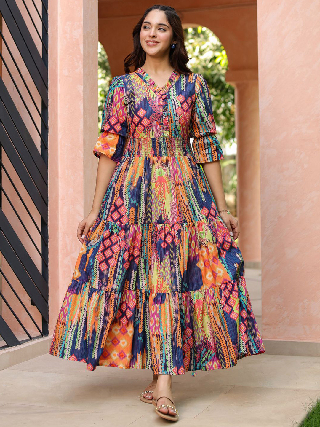 Rain & Rainbow Women Ethnic Printed V Neck Ruffle Detail Dress