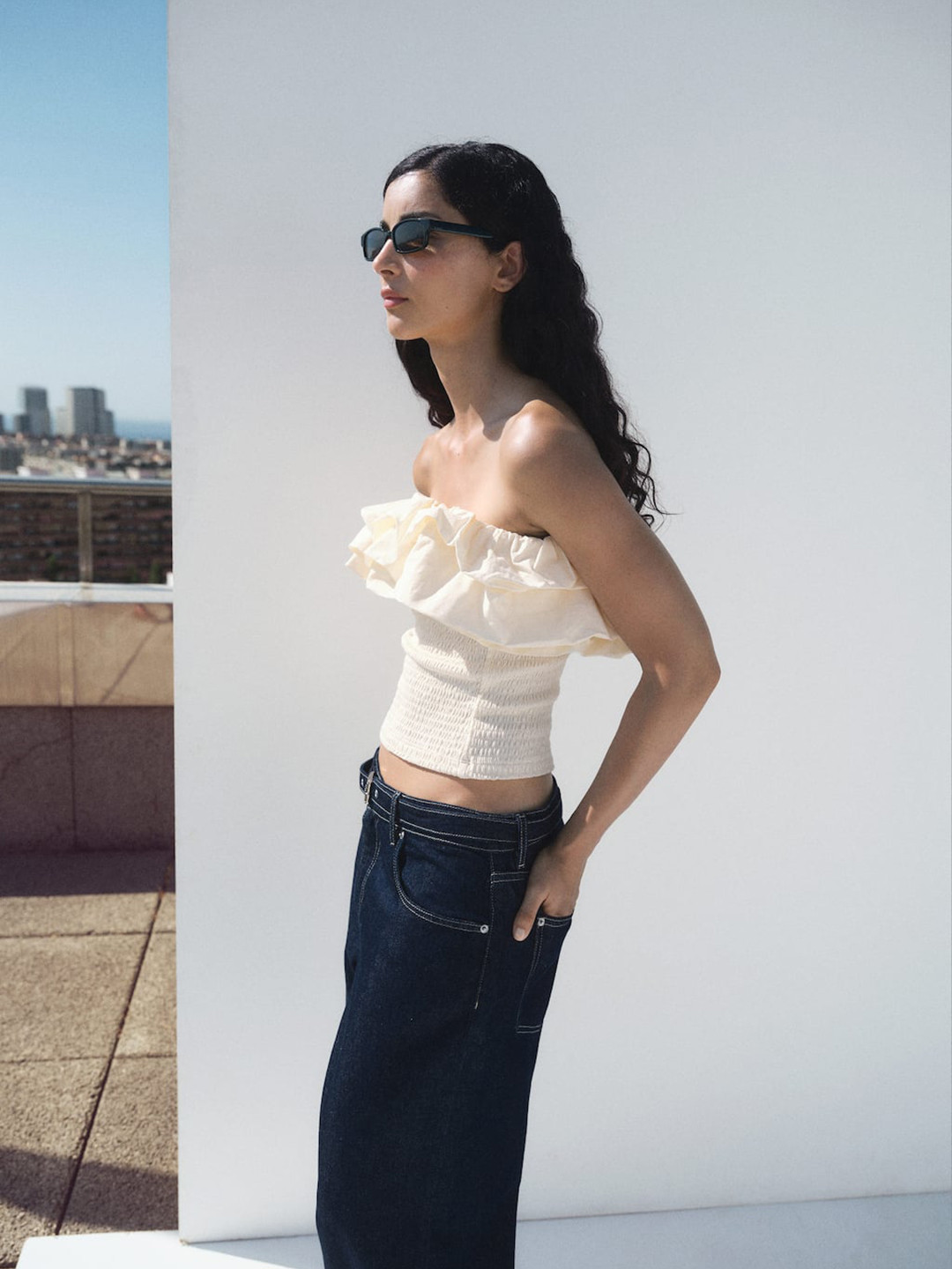 MANGO Pure Cotton Ruffle Smocked Crop Top