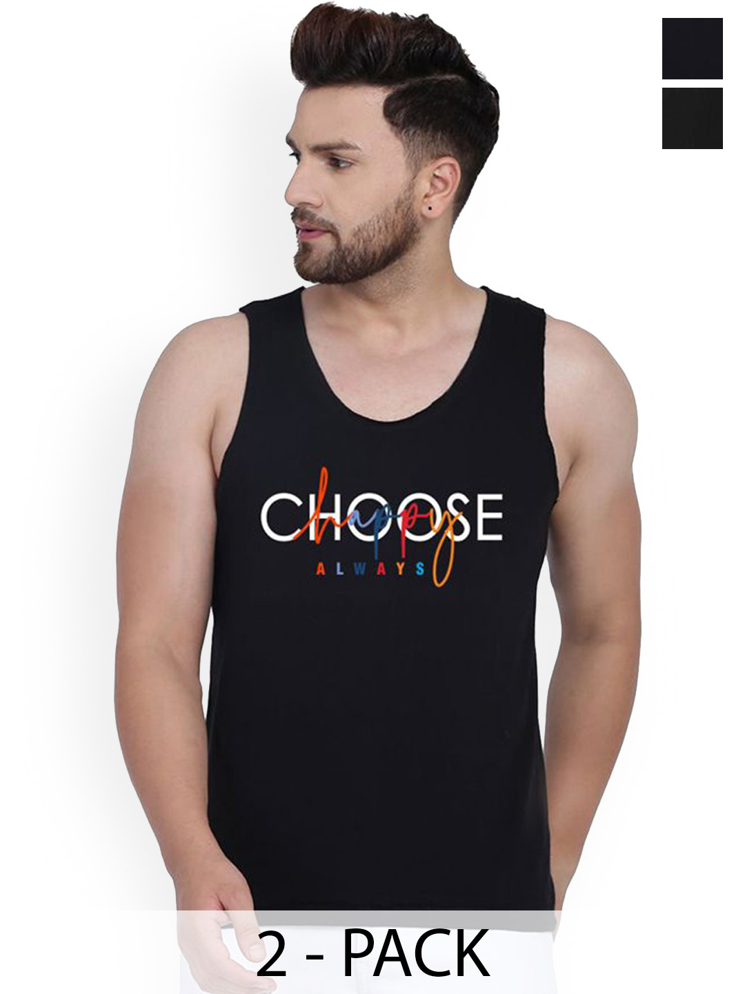 SLOWLORIS Men Pack Of 2 Printed Combed Cotton Gym VestsVSL26 CMB(CHS BLACK)(LOOK BLACK)