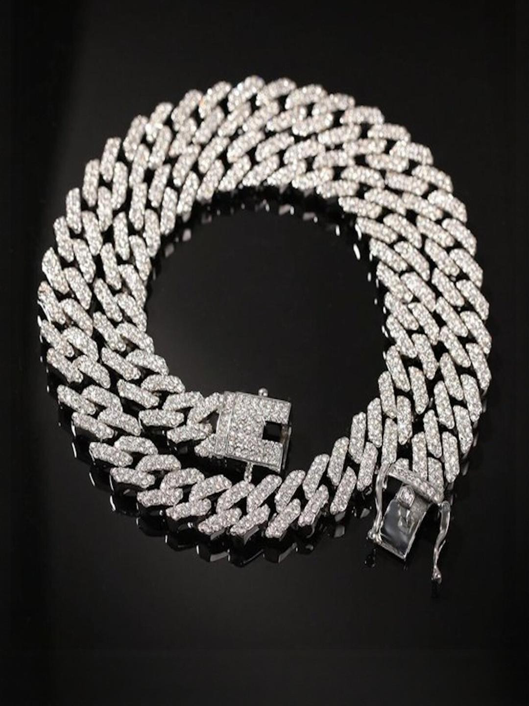 Samna Handicrafts Unisex Brass Silver-Plated Cubic Zirconia Studded Chain