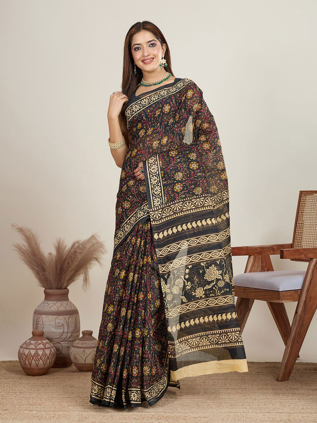 Jevi Prints Ethnic Motifs Printed Pure Cotton Saree Without Blouse Piece