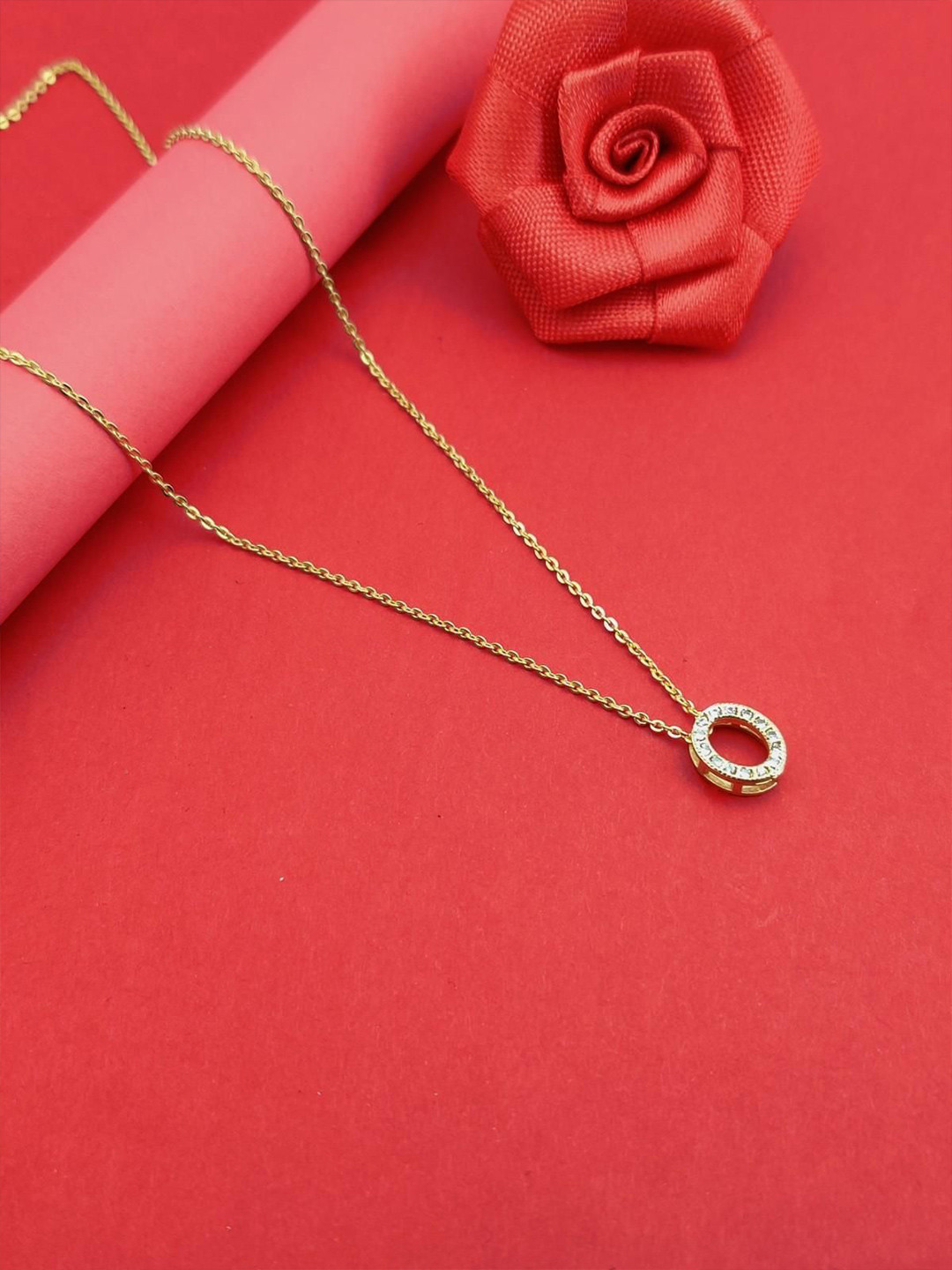 DHARM JEWELS Gold-Plated Artificial Stones Studded Circular Pendant With Chain