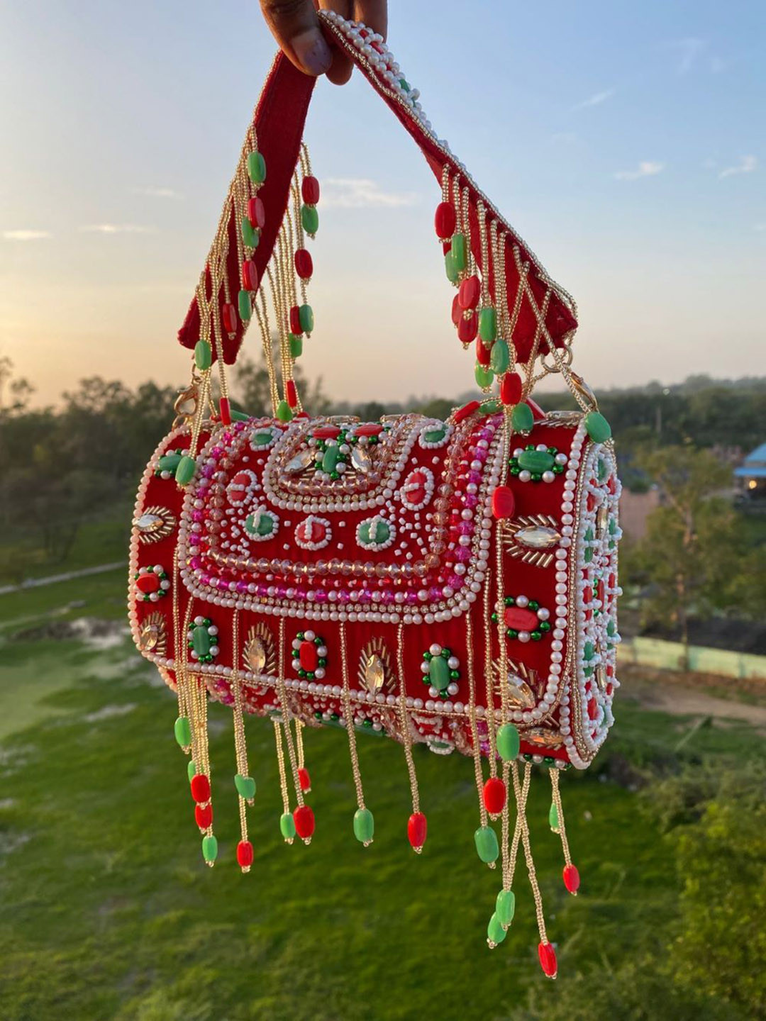 SALUJA PUNJABI JUTTI Ethnic Motifs Embellished Suede Shopper Handheld Bag