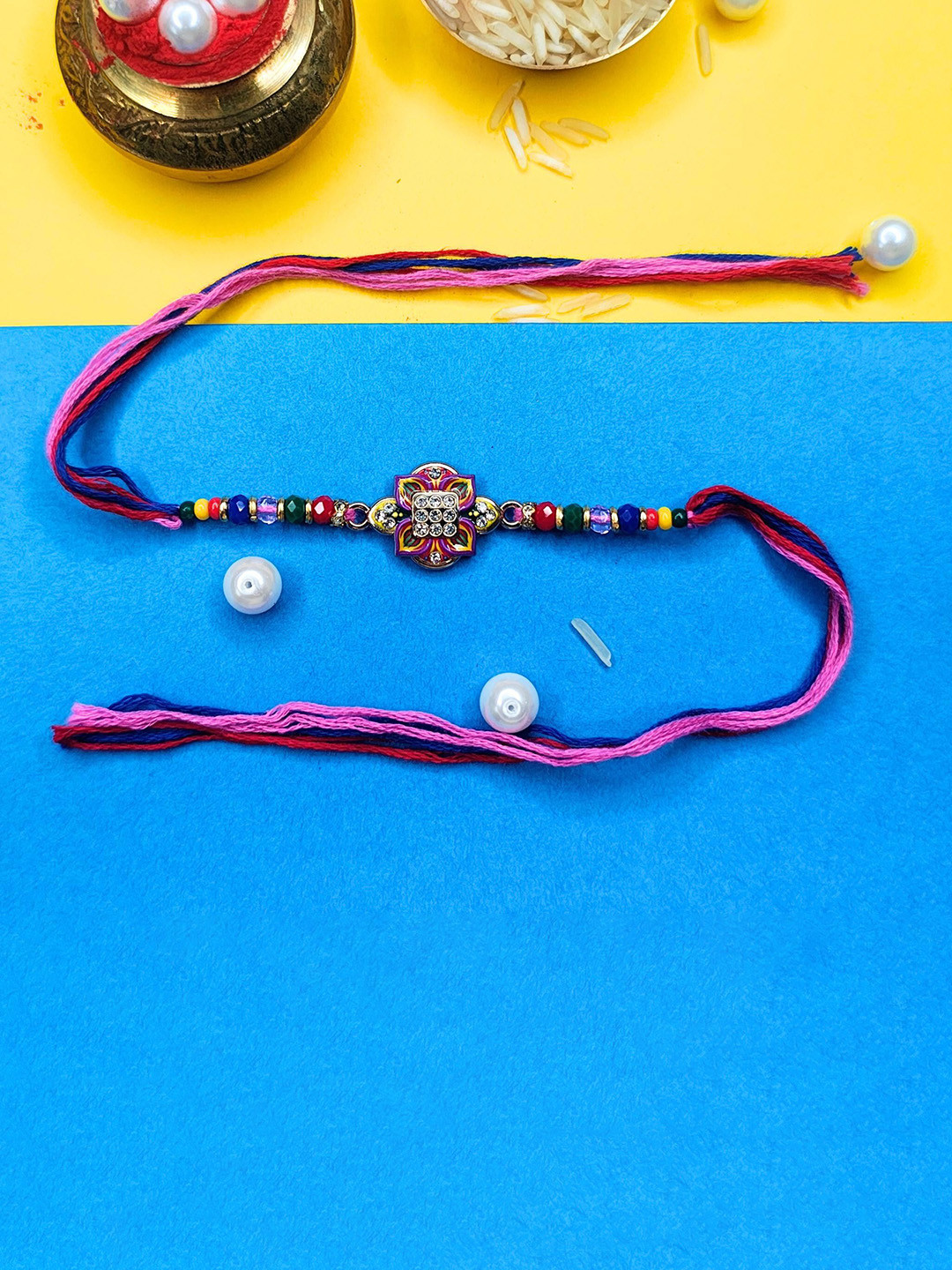 ORANGENYSHA American Diamond Studded & Beaded Thread Rakhi