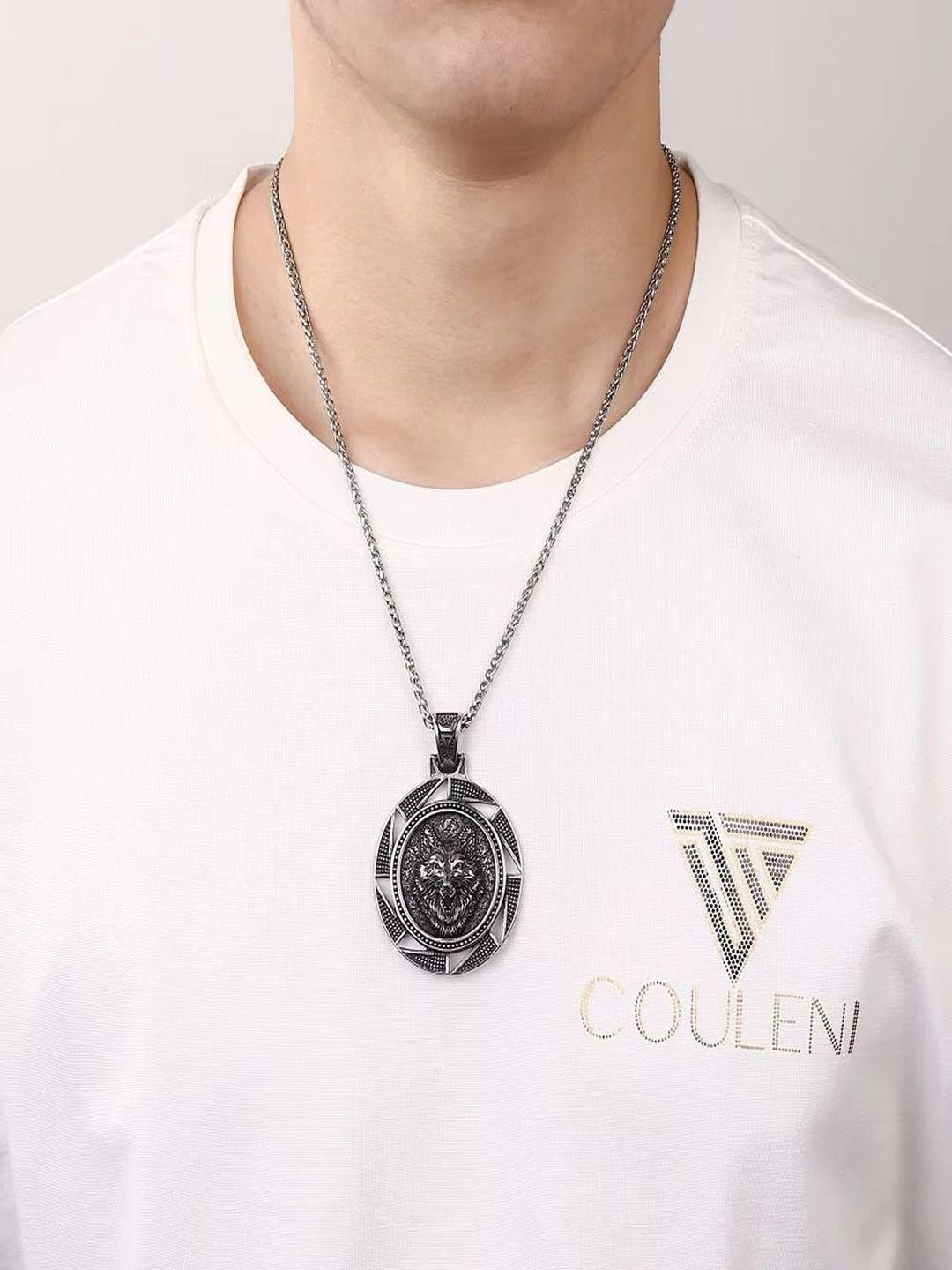 Vientiq Men Silver-Plated Oxidised Pendant with Chain