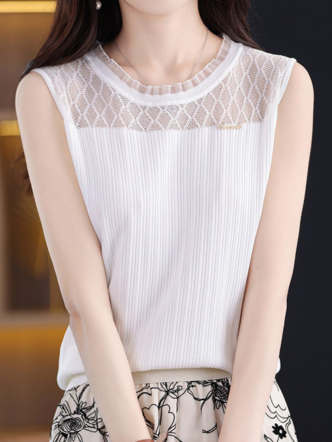 bebe White Ribbed Sheer Yoke Ruffled Mock Neck Sleeveless Knit Top
