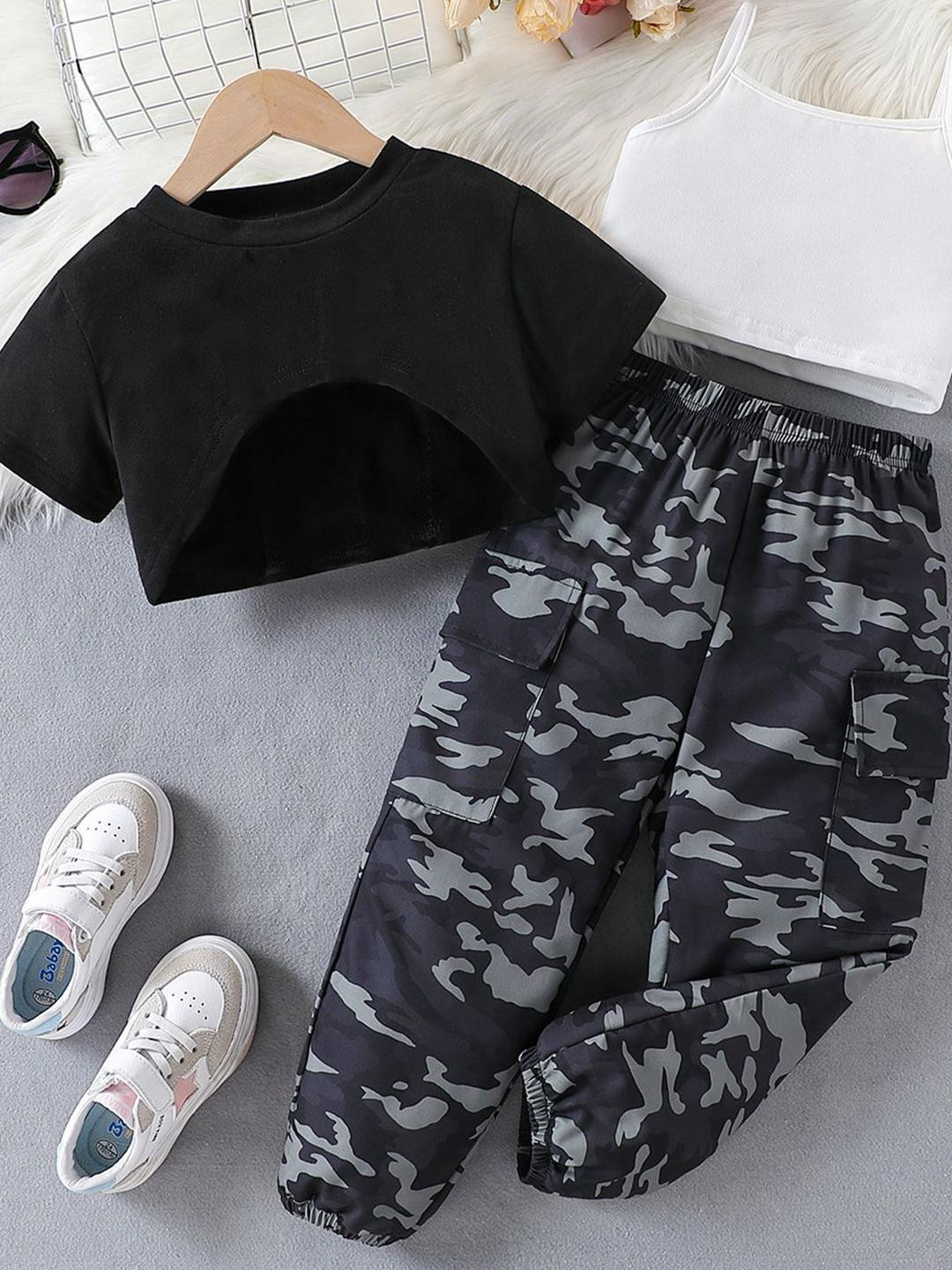 YK Girls Printed Round Neck Pure Cotton T-shirt With Jogger & Top