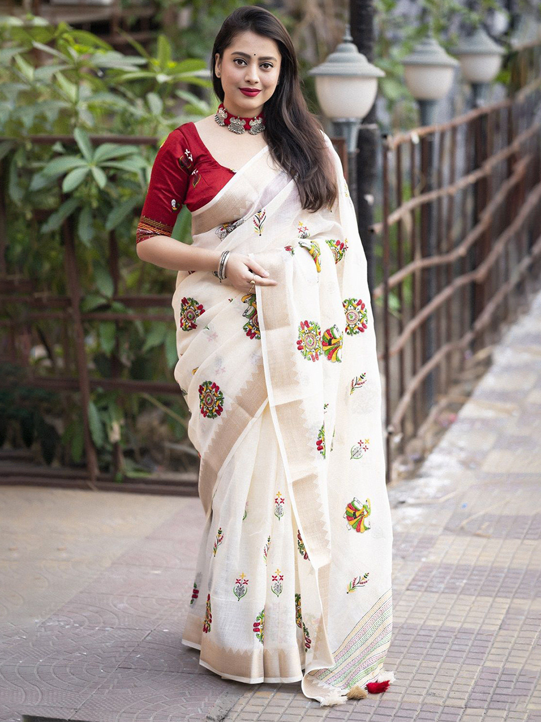 KALINI White Soft Linen Silk  Saree With Embroidery Work