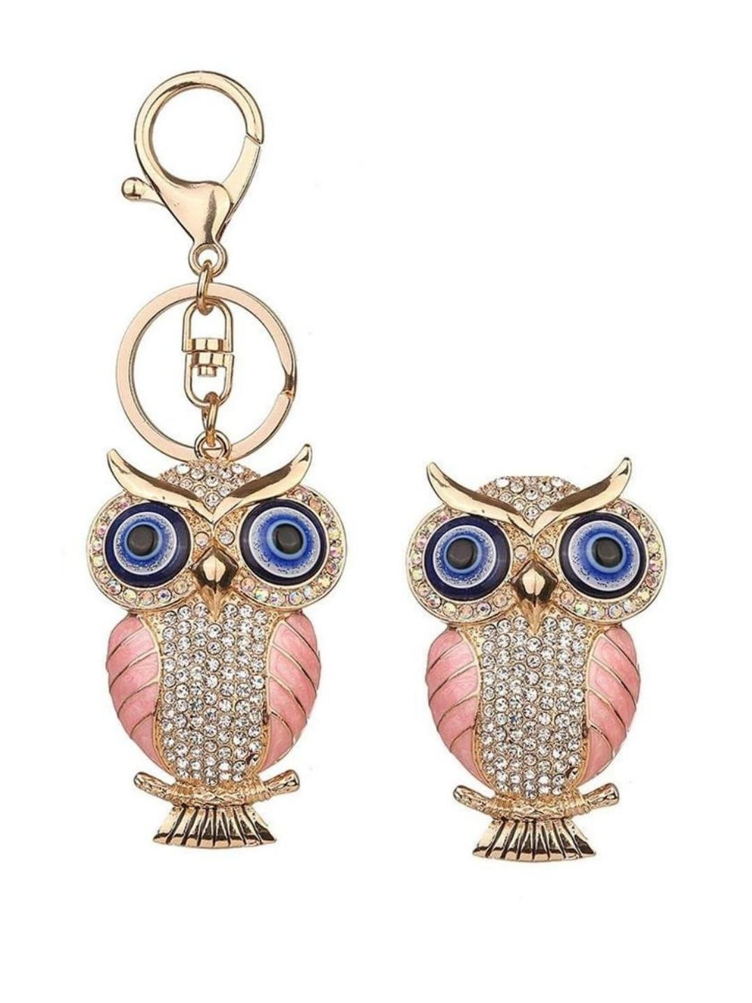 BLUE BEADS Combo Of Gold with Pink Color Evil Eye Crystal Owl Magnet and Keychain