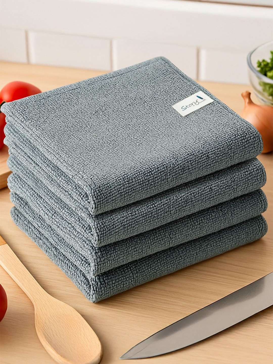 Story@home Grey 4 Pieces 360 GSM Microfiber Kitchen Towels