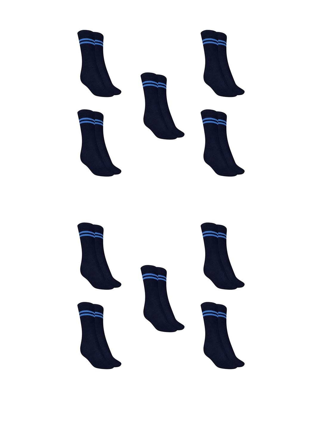 MUKHAKSH Pack of 10 Girls Navy Blue Calf Length Socks With Sky Blue Stripes Border
