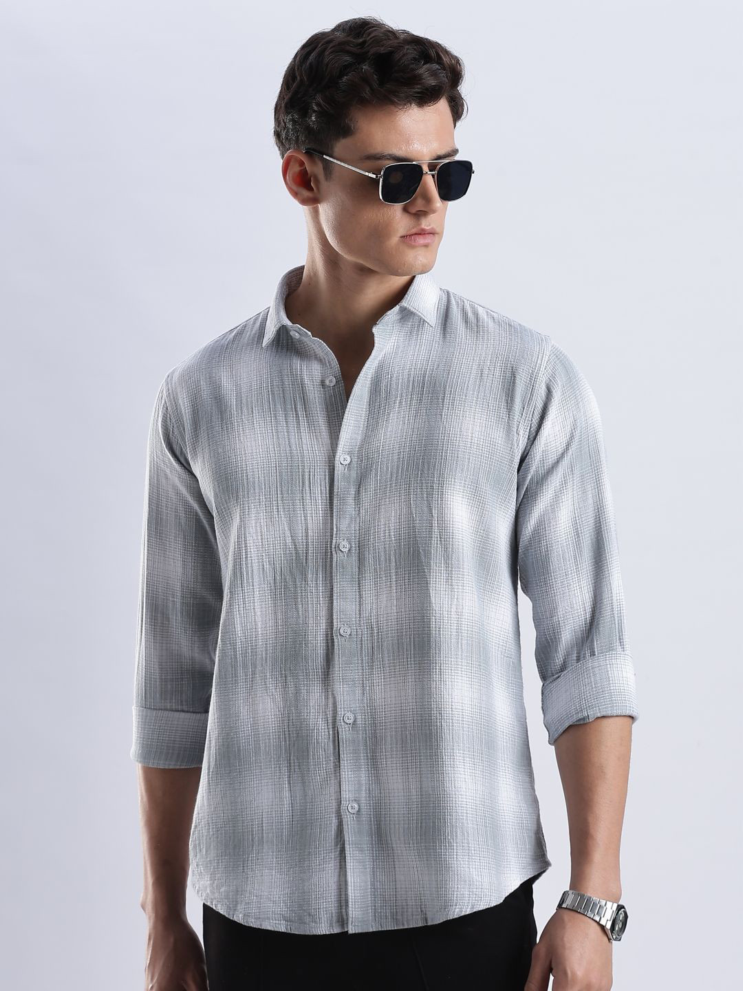 OG For Real Slim Fit Textured Long Sleeves Pure Cotton Shirt