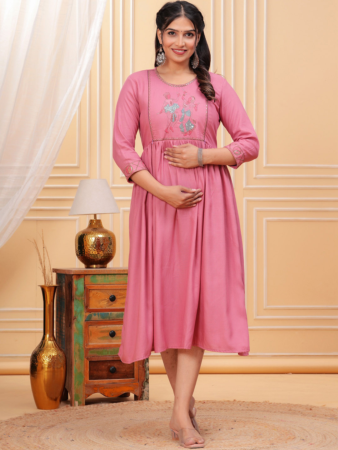 Gvastra Embroidered Thread Work A-Line Maternity Ethnic Dresses