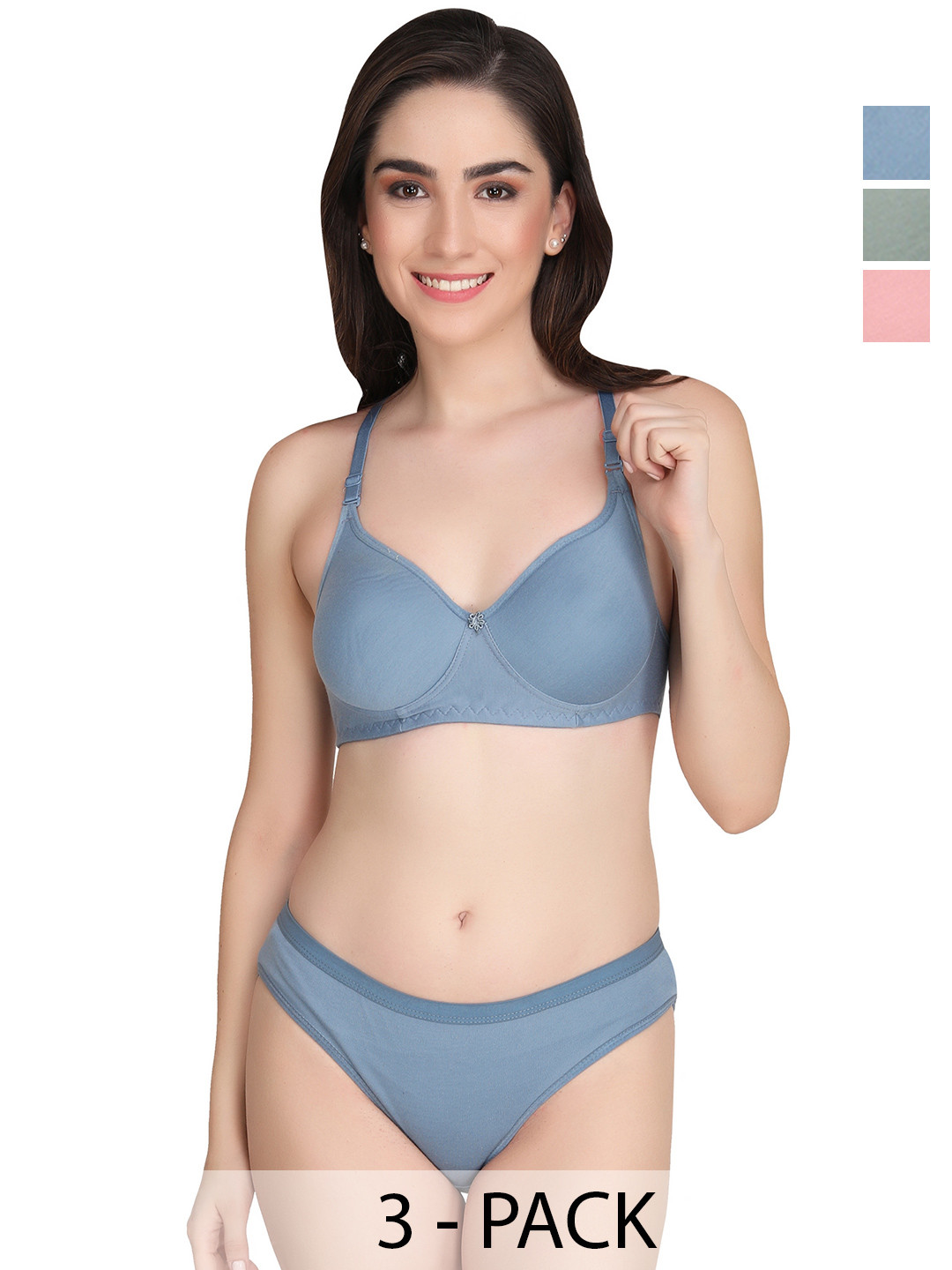 Liigne  Women Pack Of 3 Women Solid Lightly Padded Non-WiredM id-Rise Bra Lingerie Set