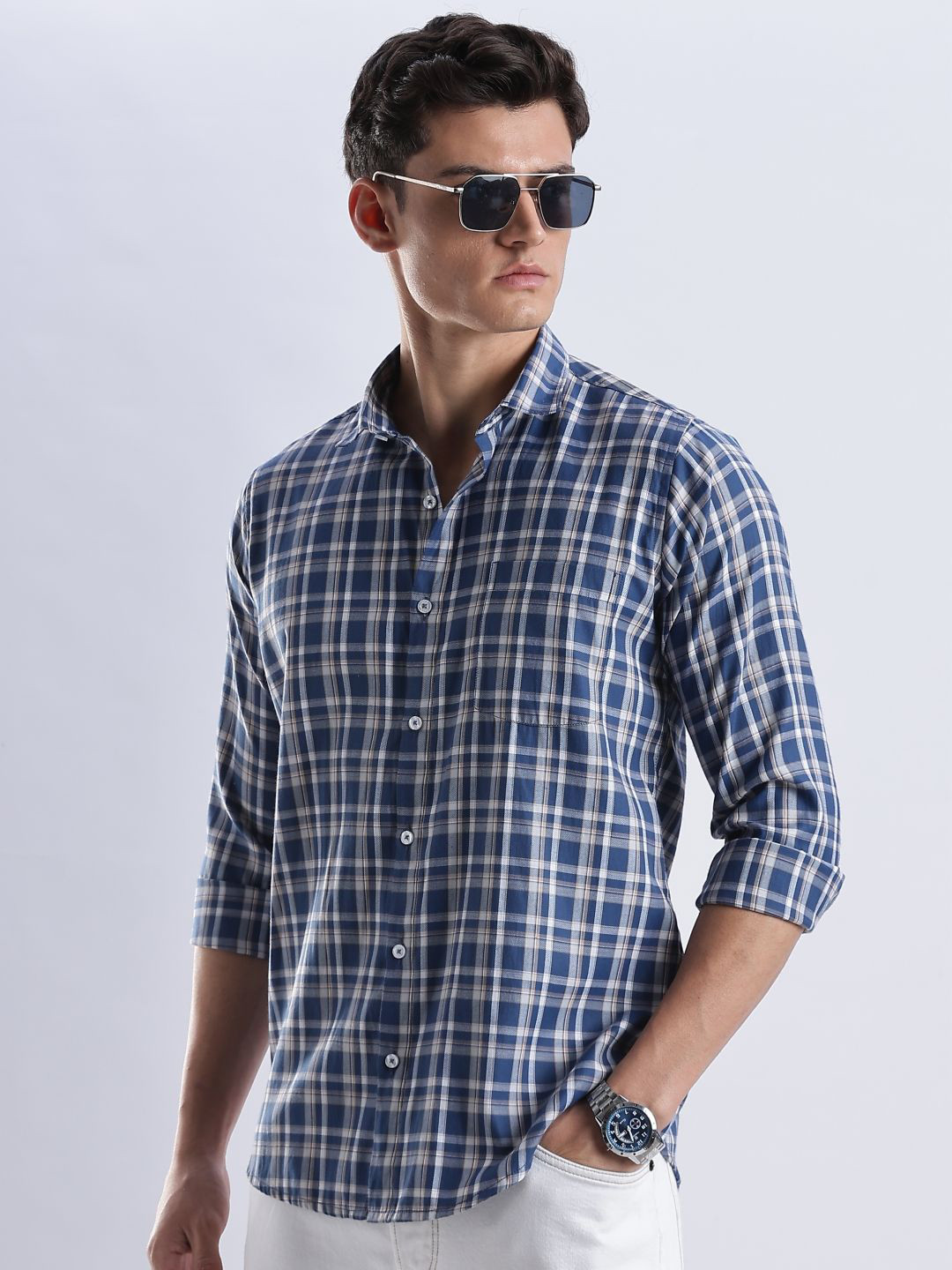 OG For Real Men Original Slim Fit Tartan Checked Spread Collar Pure Cotton Casual Shirt