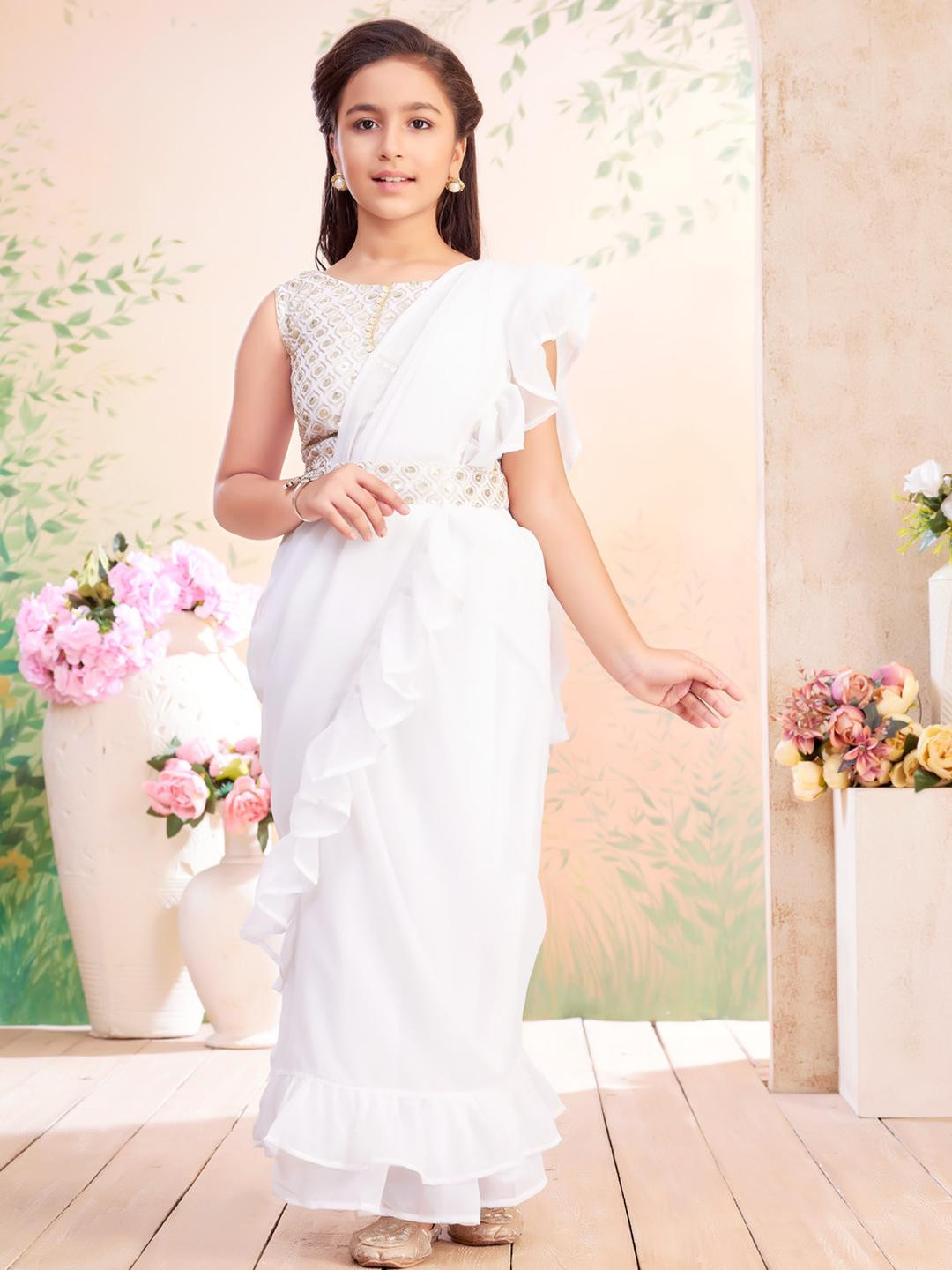 Sangria Girls Cream Sequin Embroidery Georgette Lehenga Saree With Attachable Dupatta