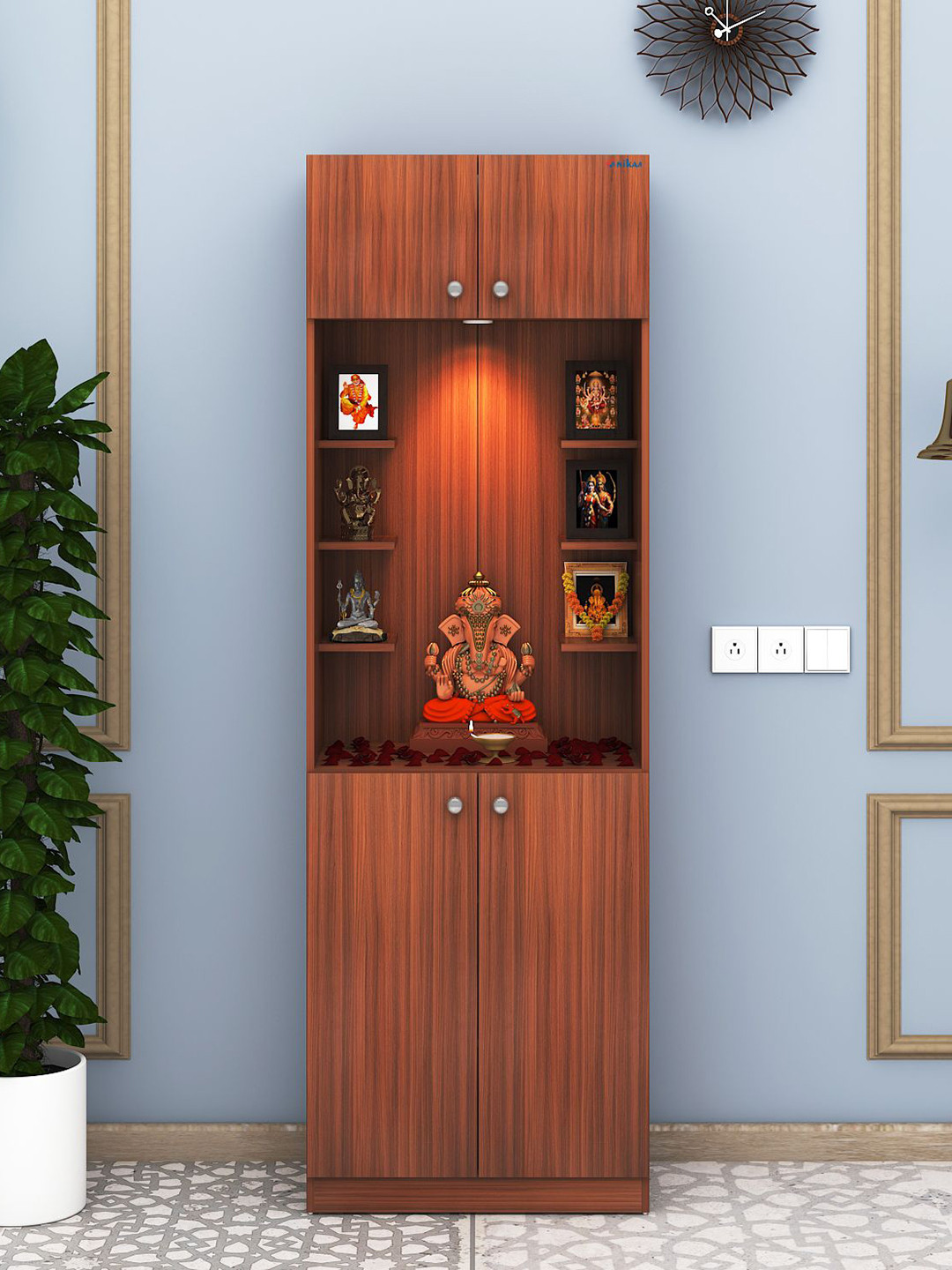 ANIKAA Archan Brown 4 Doors Floor Standing Wooden Home Temple