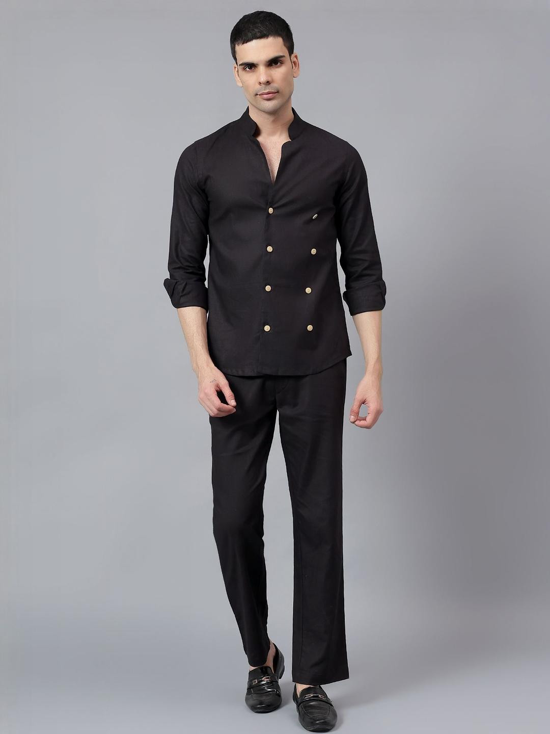 MEGHZ Mandarin Collar Linen Shirt With Trousers