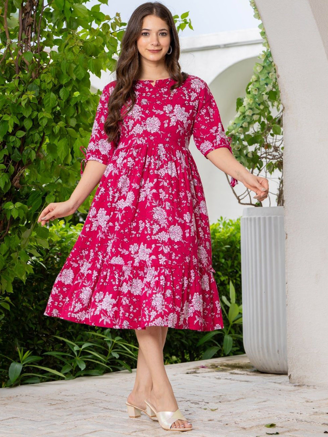 Fashion Unstoppable Floral Print Puff Sleeve Fit & Flare Midi Dress