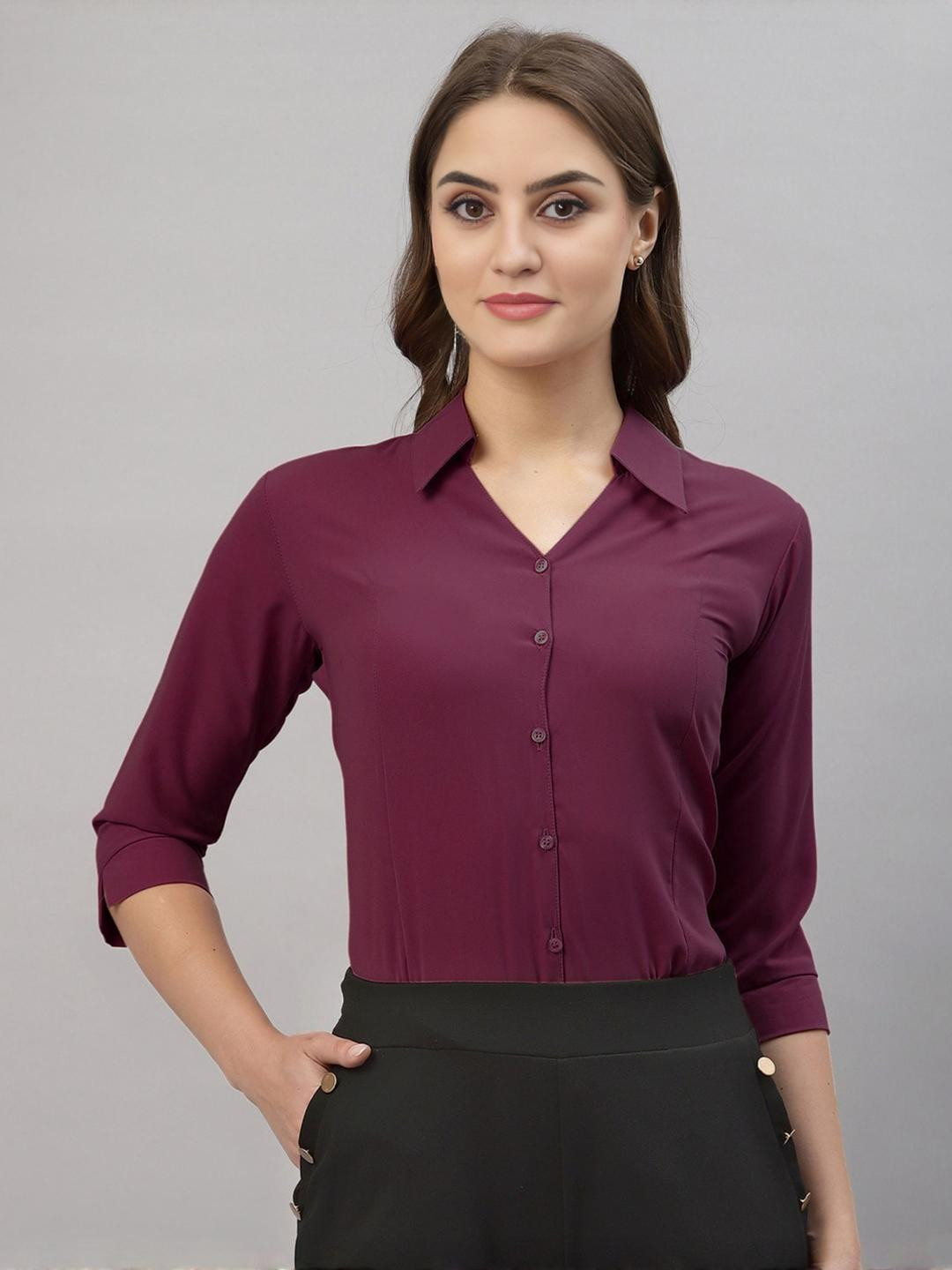 Diktmark Women Wine Classic Solid Casual Three-Quarter Sleeves Formal Shirt