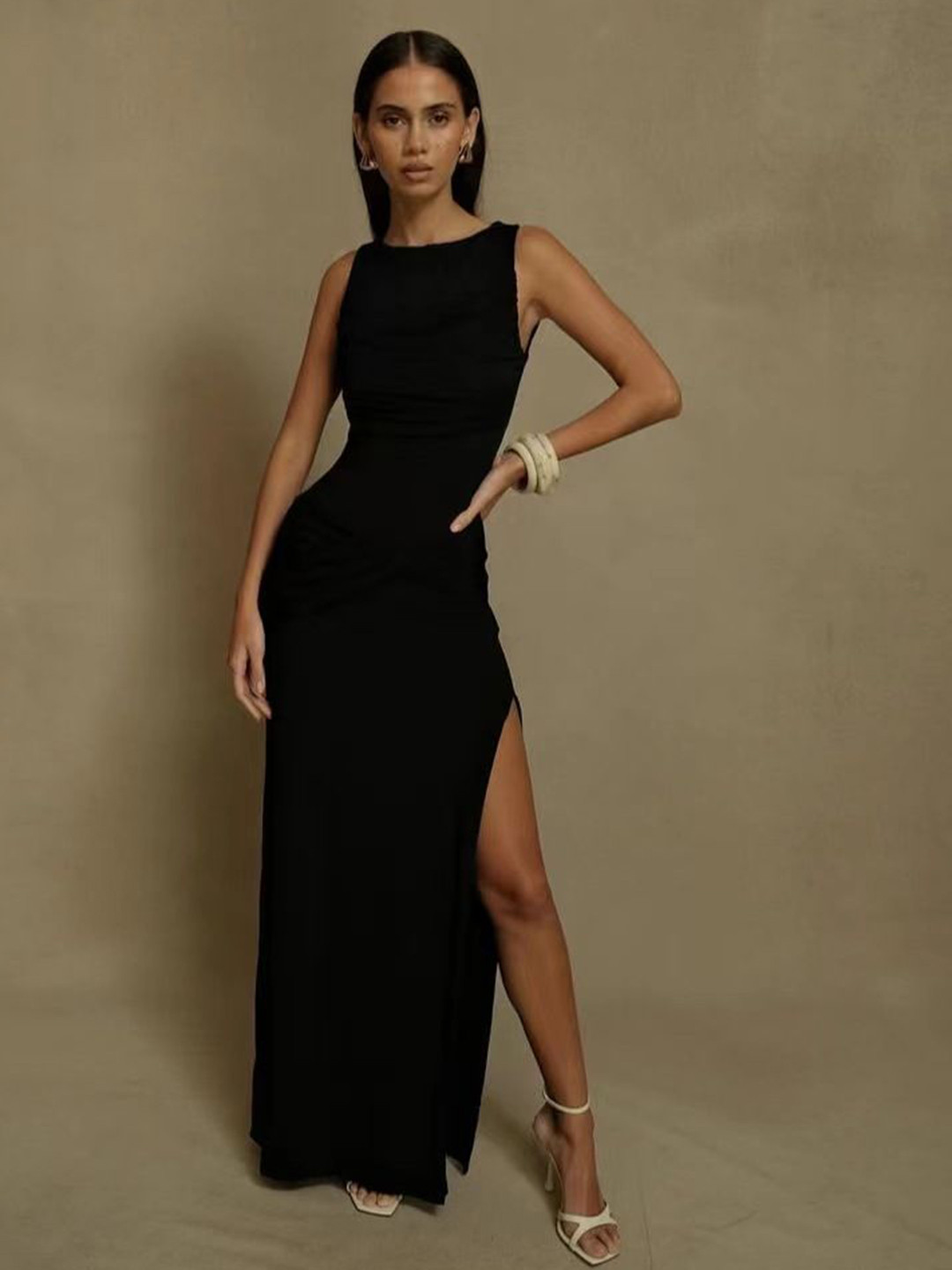 bebe Boat Neck Side Slit Maxi Dress