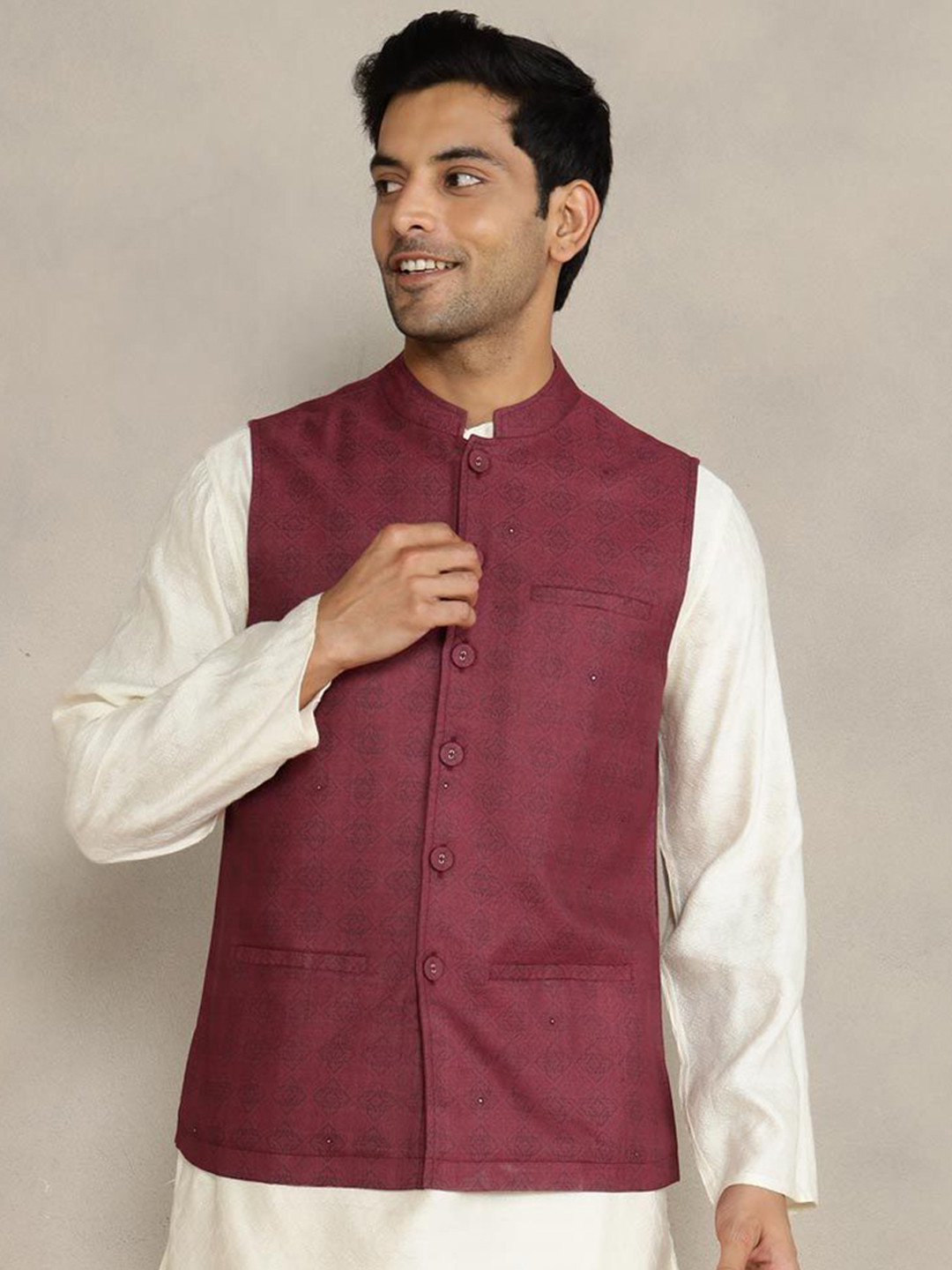 Fabindia Men Printed Comfort-Fit Nehru Jacket
