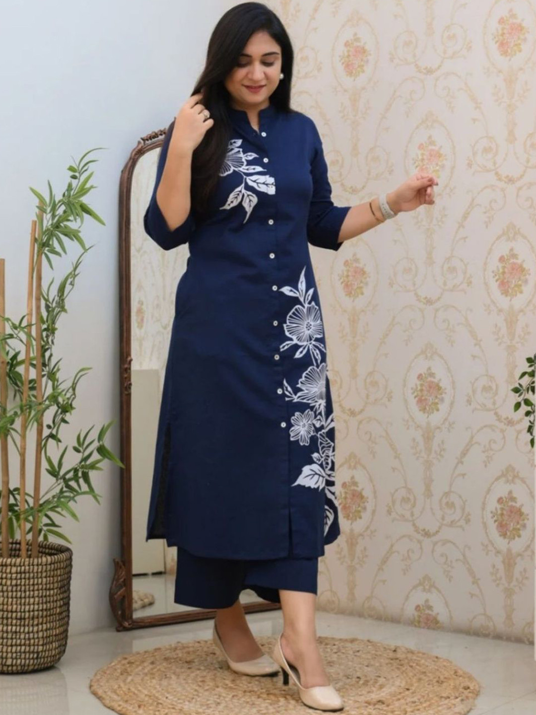 ZELA Floral Printed Mandarin Collar A-Line Kurta With Palazzos
