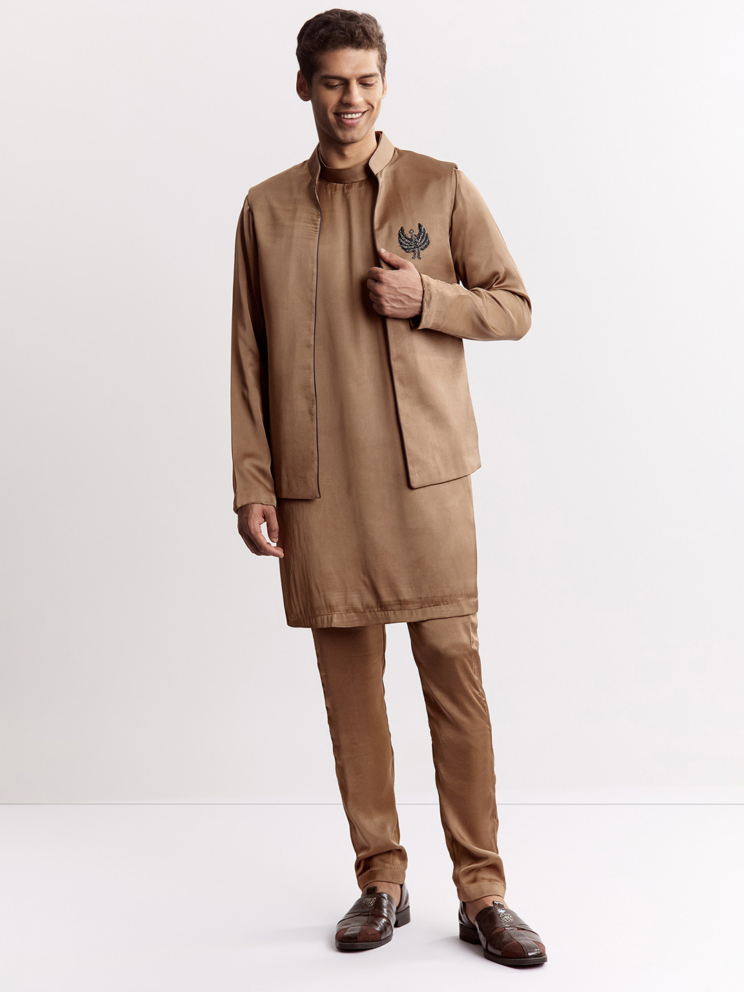 KALKI Fashion Men Mandarin Collar Satin Jacket Kurta with Trousers With Metal Accents