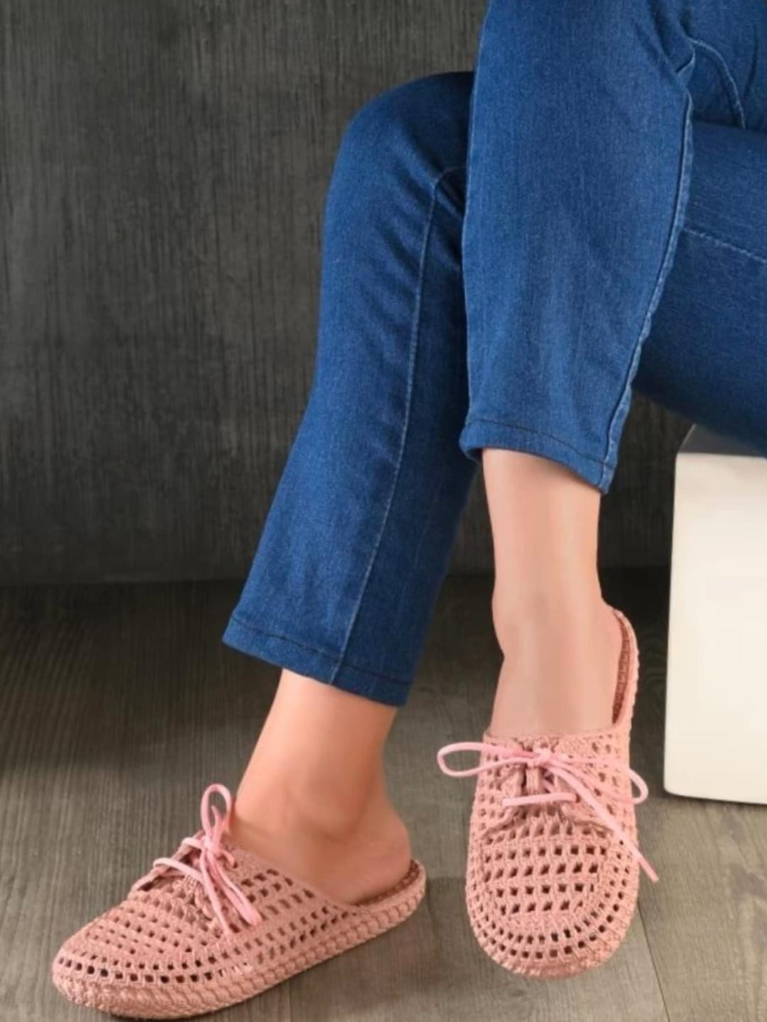 Shozie Women Pink Textured Synthetic Flat Mules