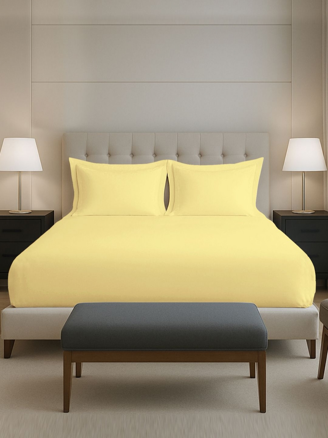 PIZUNA LINENS Yellow Pure Cotton 400 TC Fitted Double King Bedsheet Set-2.54 m x 2.75 m