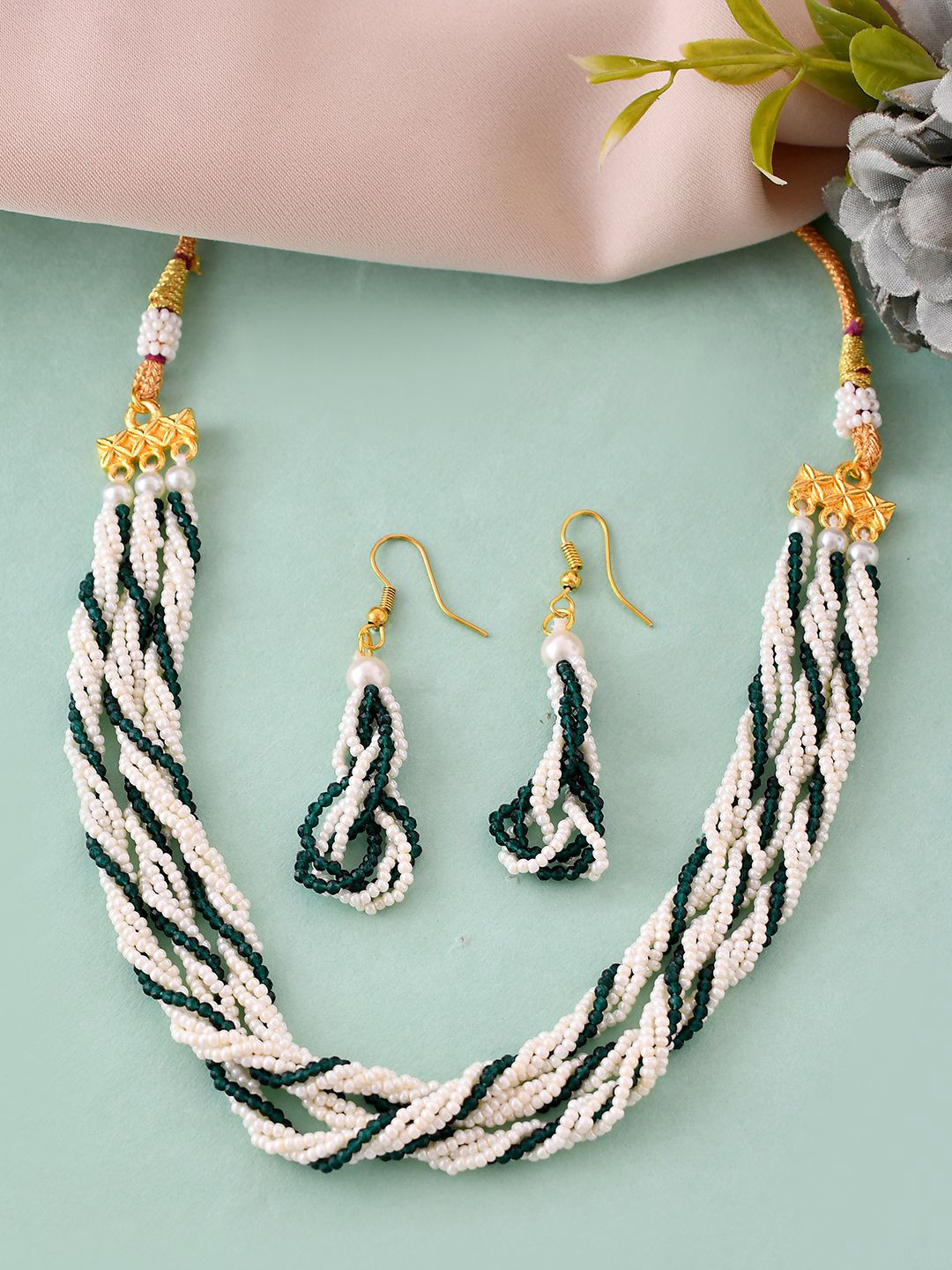 Silvermerc Designs Gold-Plated Multi Strand Pearls Beaded Jewellery Set