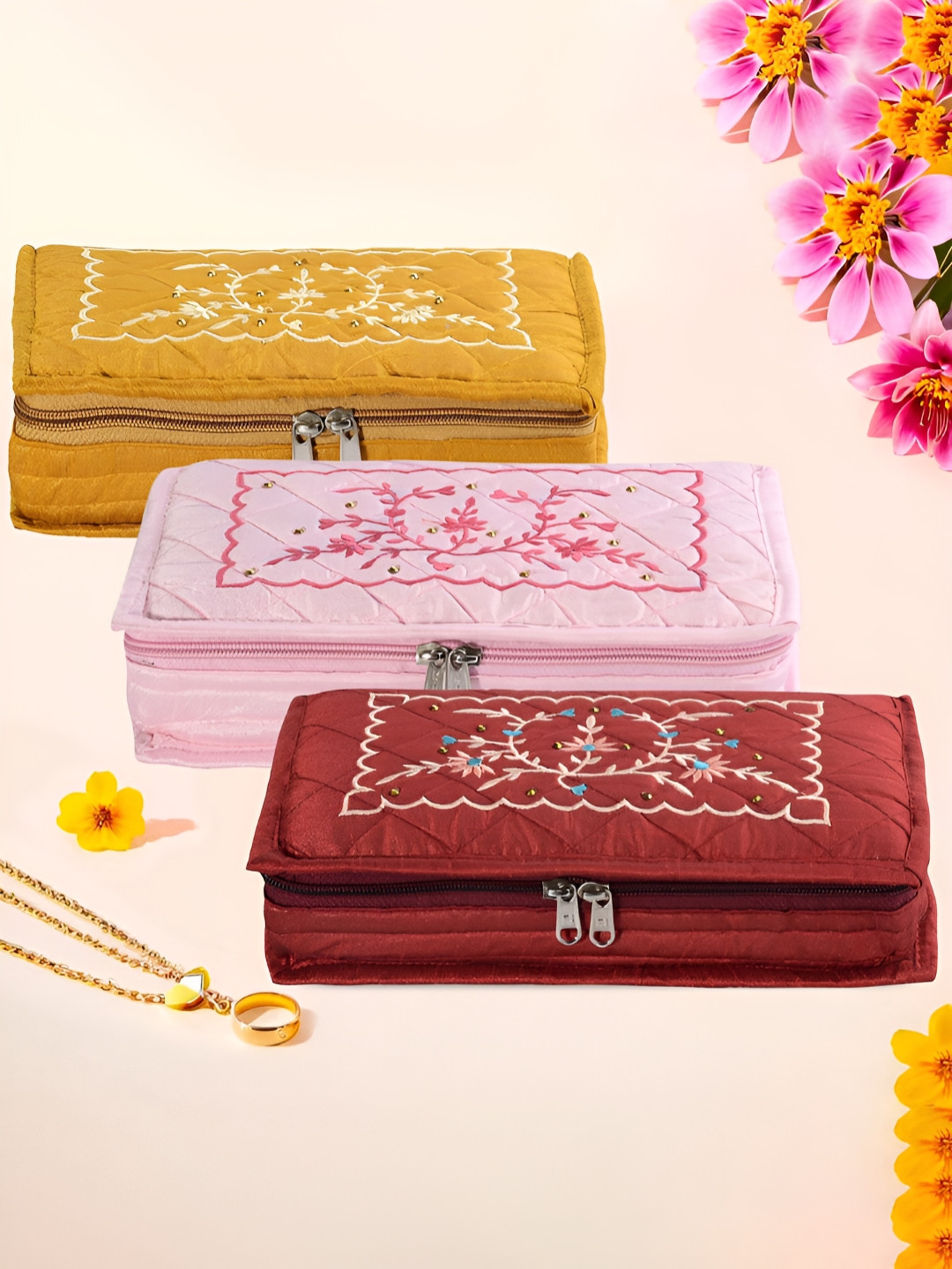 Myntra Elegant Homes Yellow & Red 3 Pieces Embroidery 7 Pouch Jewellery Organisers