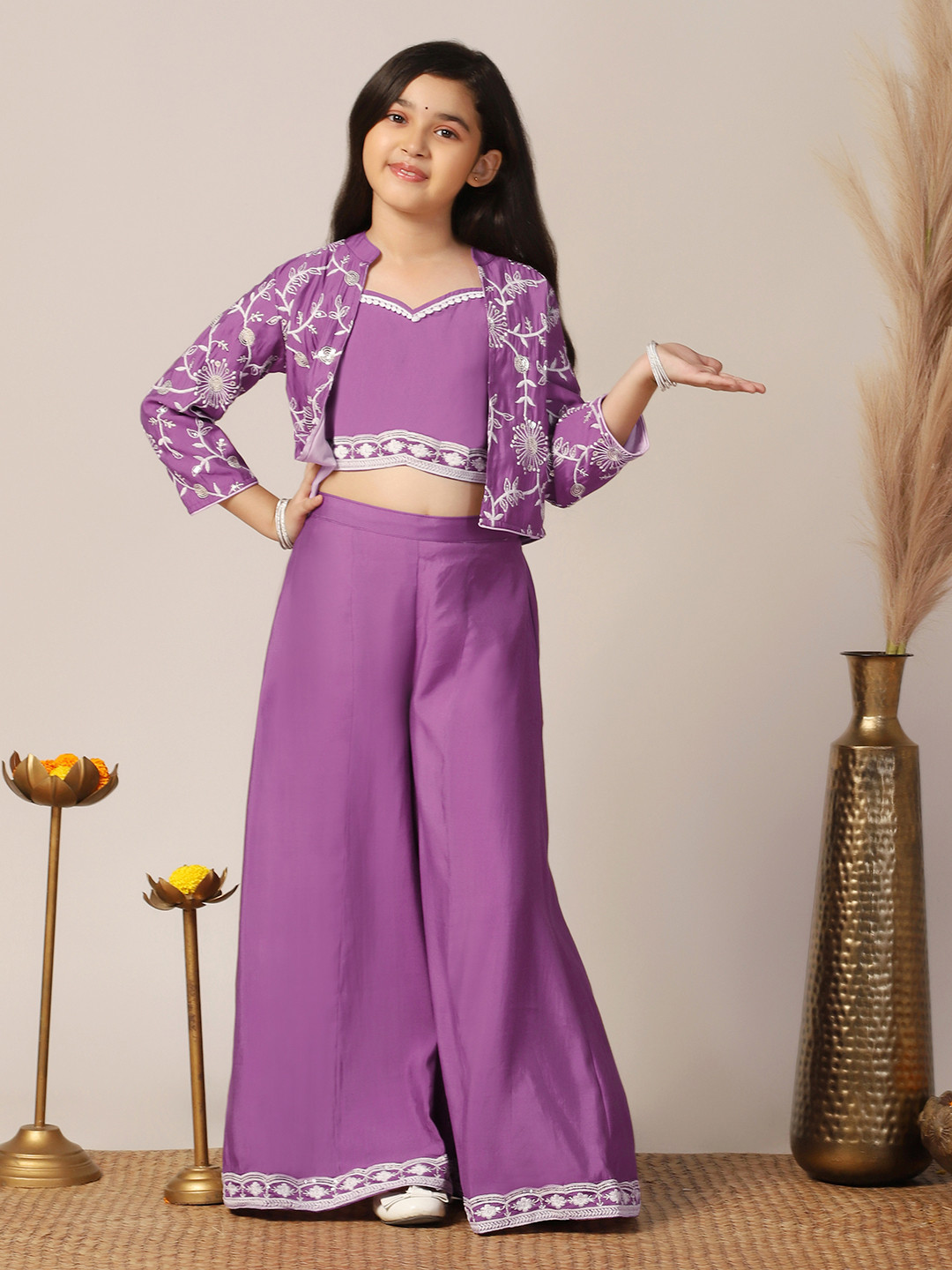 BAESD Girls Embroidered Sleeveless Roman Silk Top With Palazzo & Jacket