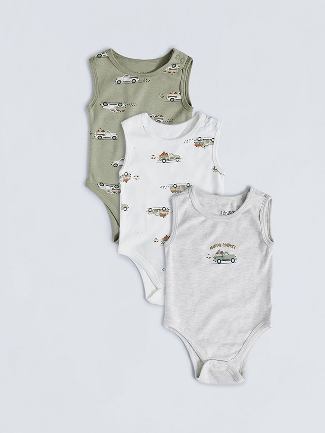 Juniors by Babyshop Infant Boys Pack Of 3 Vehicle-Printed Cotton Sleeveless Bodysuit