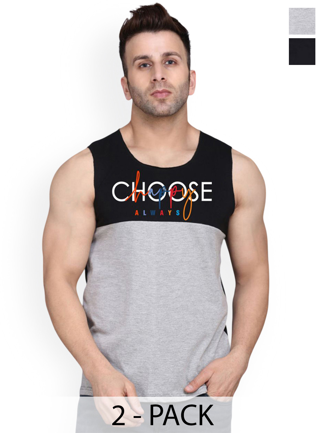 SLOWLORIS Men 2-Pc Printed Cotton Gym Vests VSL26 CMB(CHS BLACKGREY)(LOOK BLACKGREY)
