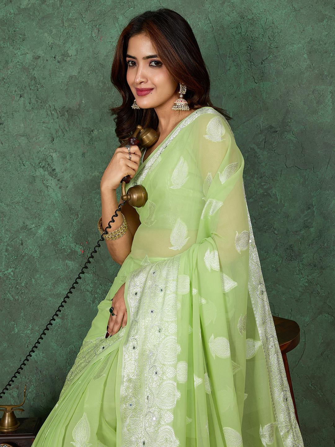 TASRIKA Mintgreen Ethnic Motifs Aari Work Pure Georgette Saree