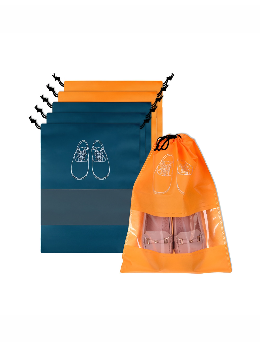 Aura Navy Blue & Orange Colored 6 Pieces Printed Water Resistant Shoe Cover Bag Organisers