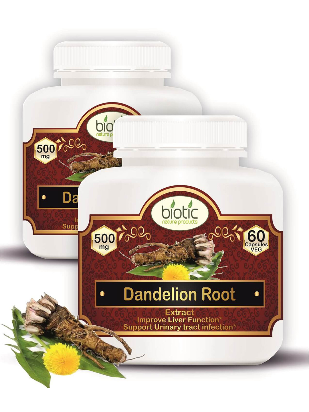 Biotic Pack Of 2 Dandelion Root 500mg Capsules - 60 Capsules Each
