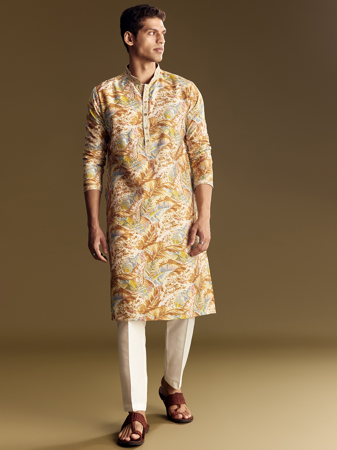 KALKI Fashion Printed Linen Kurta Set With Floral And Foil Highlights