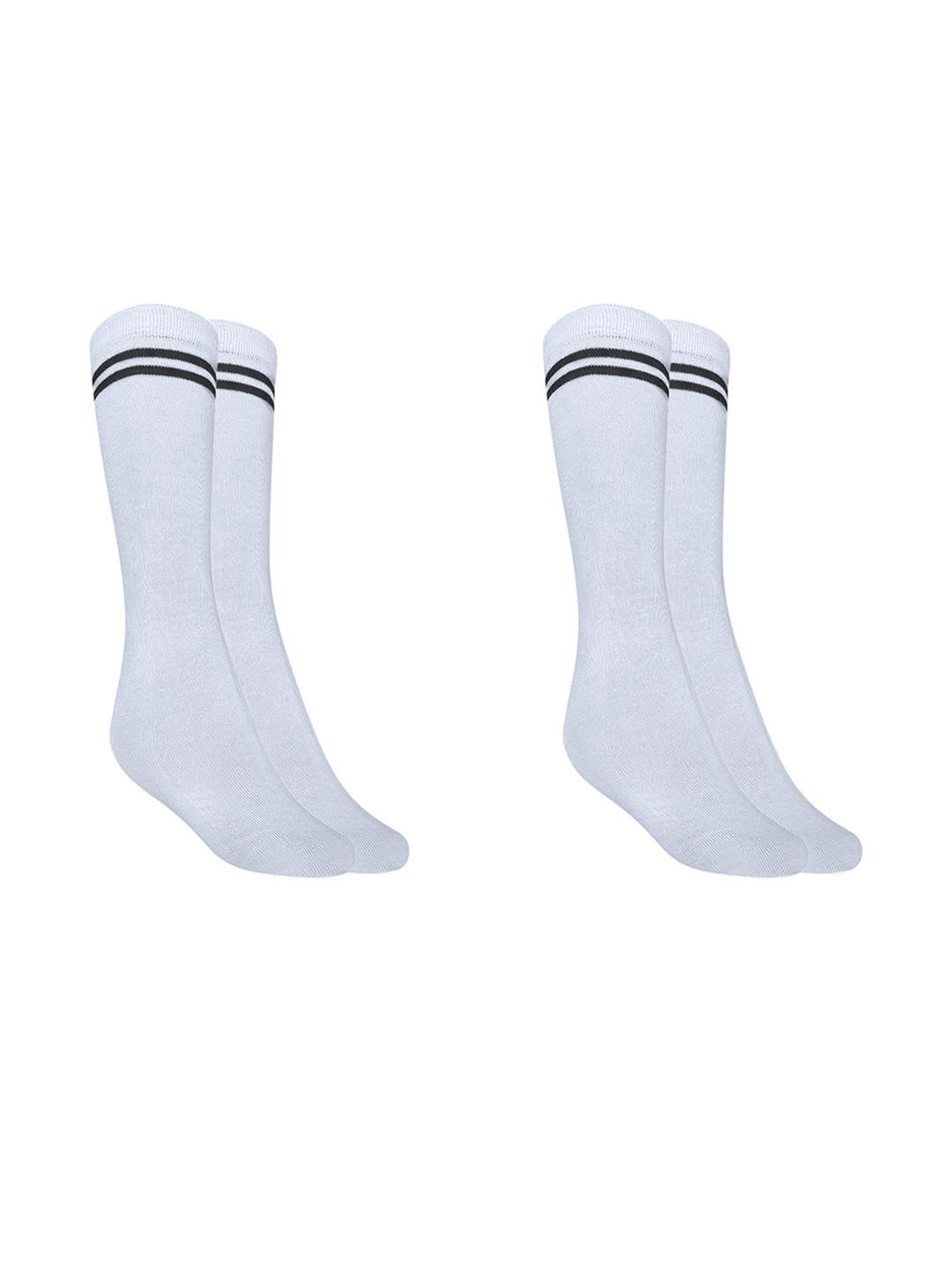 MUKHAKSH Girls Set Of 2 White With Black Lines Calf Length Cotton Socks
