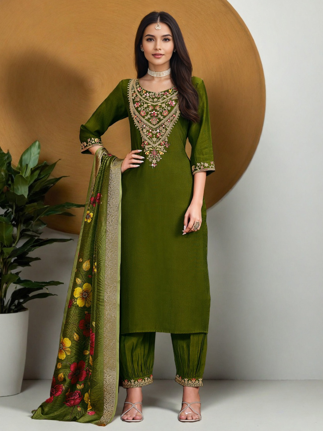SZN Yoke or Border Floral Embroidered Mirror Work Straight Kurta With Salwar & Dupatta