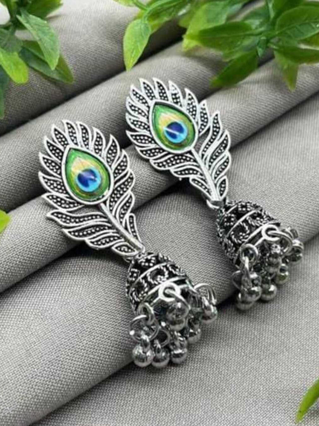 JMBW INTERNATIONAL Stainless Steel Silver-Plated Ghungroo Beaded Oxidised Feather Jhumkas